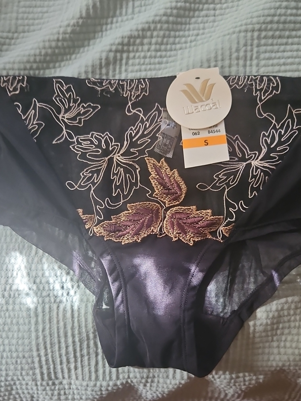 Wacoal Black Brief with Gold and Purple Leaf Embroidery
